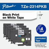 Brother TZe Series Standard Adhesive Laminated Labeling Tape, 0.5", Black on White, 4/Pack (BRTTZE2314PKB) Pack of 4