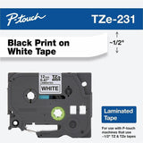 Brother P-touch Genuine TZe231 BK on WHT Label Tape, Laminated, 12mmX8m, 15/32", White, Water Resistant (BRTTZE231G) Each