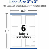 Avery Matte White 3"x3" Square Labels, 3" x 3", Permanent Adhesive, Laser, Inkjet, Paper, 6/Sheet, 150/Pack (AVE05659) Pack of 150