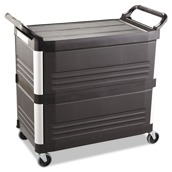 Rubbermaid® Commercial Xtra Utility Cart with Enclosed Sides and Back, Plastic, 3 Shelves, 300 lb Capacity, 20" x 40.63" x 37.8", Black (RCP4093BLA)