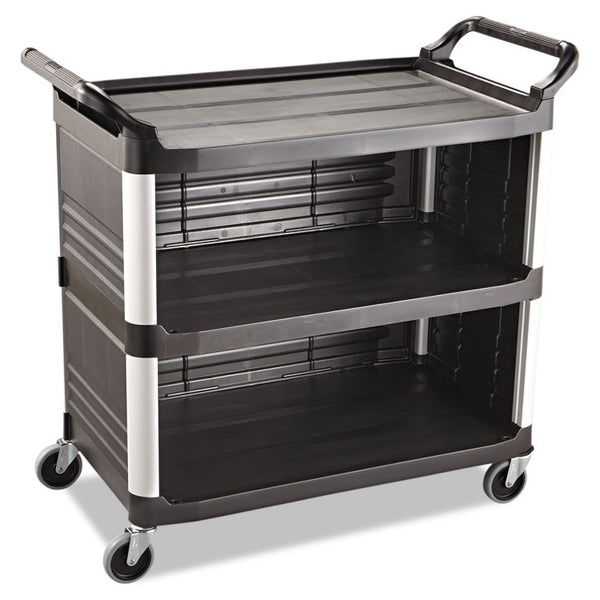 Rubbermaid® Commercial Xtra Utility Cart with Enclosed Sides and Back, Plastic, 3 Shelves, 300 lb Capacity, 20" x 40.63" x 37.8", Black (RCP4093BLA)