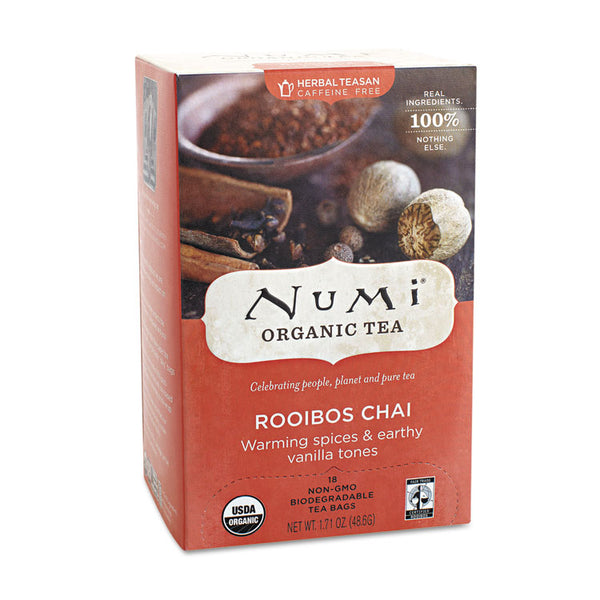 Numi® Organic Teas and Teasans, 1.71 oz, Rooibos Chai, 18/Box (NUM10200)