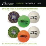 Champion Sports Rhino Skin Variety Dodgeball Set, 6.3" Diameter, Luminous/Spider/ThermoGrip, 6/Set (CSIRXVARIETYSET) Each