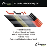 Champion Sports Ultra Shaft Hockey Set, Twelve 52" Hocket Sticks/Two Balls/Two Pucks/Two Extra Blades (CSIUS52SET) Each
