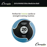 Champion Sports Rhino Elite Medicine Ball, 20 lb, Blue (CSIPRM20) Each