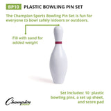 Champion Sports Plastic Bowling Pin Set, White, 10/Set (CSIBP10) Each