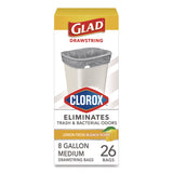 Glad® Medium Drawstring Trash Bags with Clorox, 8 gal, Lemon Fresh Bleach Scent, 0.74 mil, 23" x 21.63", Gray, 26/Box (CLO79316) Box of 26