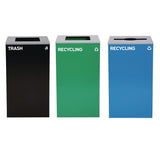 Alpine Industries 29 Gallon Trash/Recycling Cans, Steel, Blue Recycling Can w/Mixed Lid, Green Recycling Can and Black Trash Can with Sq Lid (ALH4450BLKKIT26) Each