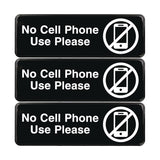 Excello Global Products® No Cell Phone Use Please Indoor/Outdoor Wall Sign, 9 x 3, Black Face, White Graphics, 3/Pack (EXOEGPHD0266S) Pack of 3