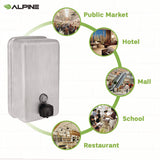 Alpine Industries Vertical Manual Surface-Mounted Stainless Steel Liquid Soap Dispenser, 40 oz, 2.8 x 4.8 x 8.1, Brushed Stainless Steel (ALHALP423SSB) Each