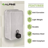 Alpine Industries Vertical Manual Surface-Mounted Stainless Steel Liquid Soap Dispenser, 40 oz, 2.8 x 4.8 x 8.1, Brushed Stainless Steel (ALHALP423SSB) Each