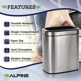 Alpine Industries Stainless Steel Rectangular Liner Open Top Trash Can, 5.3 gal, Brushed Stainless Steel (ALHALP47020L) Each
