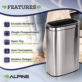 Alpine Industries Stainless Steel Rectangular Liner Open Top Trash Can, 10.5 gal, Brushed Stainless Steel (ALHALP47040L) Each