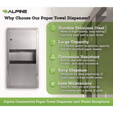 Alpine Industries Recessed Commercial Paper Towel Dispenser with 2 Gal Waste Receptacle, 28 x 4.3 x 14, Stainless Steel (ALHALP495) Each