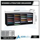 AdirOffice Wood Adjustable 24 Compartment Literature Organizer, 24 Sections, Letter Size, 39.3 x 11.8 x 16.3, Black (ALHI50024BLK) Each