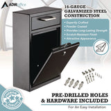 AdirOffice Large Ultimate Secure Drop Box Wall Mounted Mail Box, 11.2 x 4.7 x 16.2, Black (ALHI63104BLK) Each