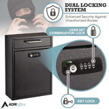 AdirOffice Large Secure Drop Box Wall Mounted Locking Mail Box with Key and Combination lock, 11.2 x 4.7 x 16.2, Black (ALHI63104BLKKC) Each