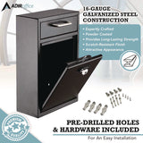 AdirOffice Large Secure Drop Box Wall Mounted Locking Mail Box with Key and Combination lock, 11.2 x 4.7 x 16.2, Black (ALHI63104BLKKC) Each