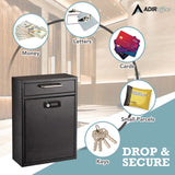 AdirOffice Large Secure Drop Box Wall Mounted Locking Mail Box with Key and Combination lock, 11.2 x 4.7 x 16.2, Black (ALHI63104BLKKC) Each