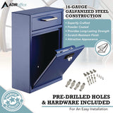 AdirOffice Large Secure Drop Box Wall Mounted Locking Mail Box with Key and Combination lock, 11.2 x 4.7 x 16.2, Blue (ALHI63104BLUKC) Each