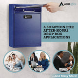 AdirOffice Large Secure Drop Box Wall Mounted Locking Mail Box with Key and Combination lock, 11.2 x 4.7 x 16.2, Blue (ALHI63104BLUKC) Each