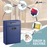 AdirOffice Large Secure Drop Box Wall Mounted Locking Mail Box with Key and Combination lock, 11.2 x 4.7 x 16.2, Blue (ALHI63104BLUKC) Each
