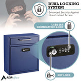 AdirOffice Medium Secure Drop Box Wall Mounted Locking Mail Box with Key and Combination Lock, 10.51 x 4.72 x 12, Blue (ALHI63105BLUKC) Each