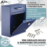 AdirOffice Medium Secure Drop Box Wall Mounted Locking Mail Box with Key and Combination Lock, 10.51 x 4.72 x 12, Blue (ALHI63105BLUKC) Each