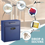 AdirOffice Medium Secure Drop Box Wall Mounted Locking Mail Box with Key and Combination Lock, 10.51 x 4.72 x 12, Blue (ALHI63105BLUKC) Each