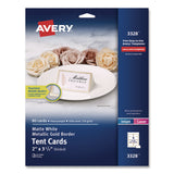 Avery® Matte White Metallic Gold Border Tent Cards, 3.5 x 2, 4 Cards/Sheet, 20 Sheets/Pack (AVE3328) Pack of 80