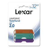 Lexar™ Twist Turn2 USB 2.0 Flash Drive, 32 GB, Orange/Purple/Teal, 3/Pack (LXR24388082) Pack of 3