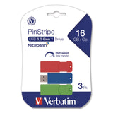 Verbatim® PinStripe USB 3.2 Flash Drive, 16 GB, Blue/Green/Red, 3/Pack (VER70386) Pack of 3