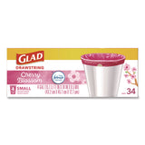 Glad® OdorShield Small Drawstring Trash Bags, 4 gal, Cherry Blossom Scent, 0.5 mil, 18" x 17", Pink, 34/Box (CLO79274) Box of 34