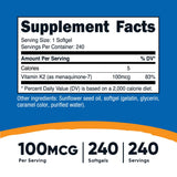 nutricost® Dietary Supplement Vitamin K2 MK-7 100 mcg Strength Softgel 240 Per Bottle (1270244_BT) 1/BT
