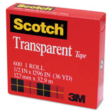 Scotch® Transparent Tape, 1" Core, 0.5" x 36 yds, Transparent (MMM600121296) Each