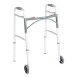 McKesson Dual Release Folding Walker with Wheels Adjustable Height Aluminum Frame 350 lbs. Weight Capacity 25 to 32-1/4 Inch Height (1128908_EA) 1/EA