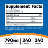nutricost® Dietary Supplement Betaine HCl / Pepsin 790 mg Strength Capsule 240 Per Bottle (1270261_BT) 1/BT