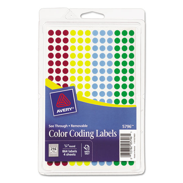 Avery® Handwrite-Only Self-Adhesive "See Through" Removable Round Color Dots, 0.25" dia, Assorted, 216/Sheet, 4 Sheets/Pack, (5796) (AVE05796)