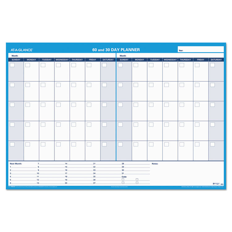 AT-A-GLANCE® 30/60-Day Undated Horizontal Erasable Wall Planner, 48 x 32, White/Blue Sheets, Undated (AAGPM33328)