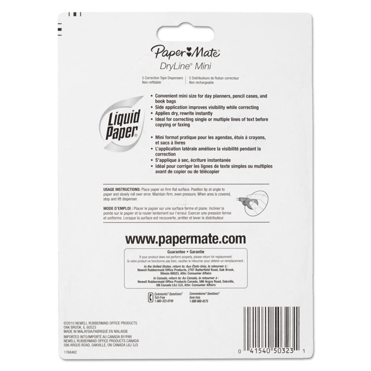 Paper Mate® Liquid Paper® DryLine Mini Correction Tape, 0.2" x 197", Non-Refillable, Assorted Color Applicators, 5/Pack (PAP5032315)