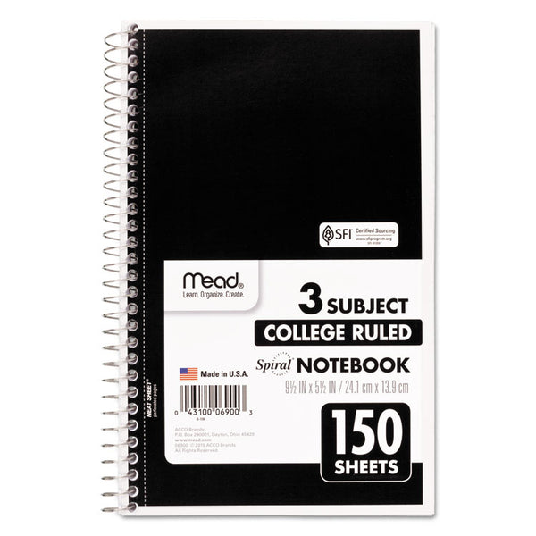 Mead® Spiral Notebook, 3-Subject, Medium/College Rule, Randomly Assorted Cover Color, (150) 9.5 x 5.5 Sheets (MEA06900)
