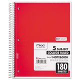 Mead® Spiral Notebook, 5-Subject, Medium/College Rule, Randomly Assorted Cover Color, (180) 10.5 x 8 Sheets (MEA05682) Each