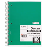 Mead® Spiral Notebook, 5-Subject, Medium/College Rule, Randomly Assorted Cover Color, (180) 10.5 x 8 Sheets (MEA05682) Each