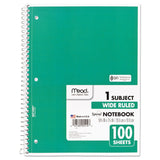 Mead® Spiral Notebook, 3-Hole Punched, 1-Subject, Wide/Legal Rule, Randomly Assorted Cover Color, (100) 10.5 x 7.5 Sheets (MEA05514) Each