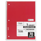 Mead® Spiral Notebook, 3-Hole Punched, 1-Subject, Medium/College Rule, Randomly Assorted Cover Color, (70) 10.5 x 7.5 Sheets (MEA05512) Each