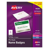Avery® Pin-Style Badge Holder with Laser/Inkjet Insert, Top Load, 4 x 3, White, 100/Box (AVE74540) Box of 100