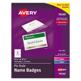Avery® Pin-Style Badge Holder with Laser/Inkjet Insert, Top Load, 3.5 x 2.25, White, 100/Box (AVE74549) Box of 100