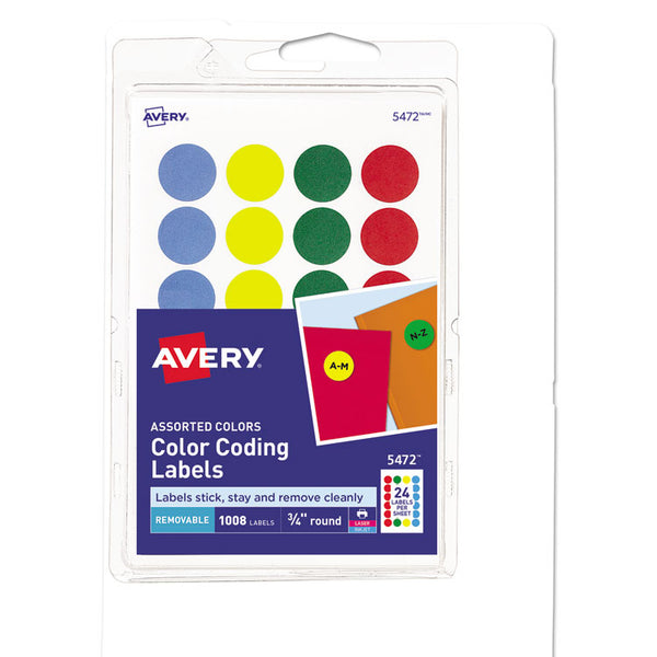 Avery® Printable Self-Adhesive Removable Color-Coding Labels, 0.75" dia, Assorted Colors, 24/Sheet, 42 Sheets/Pack, (5472) (AVE05472)