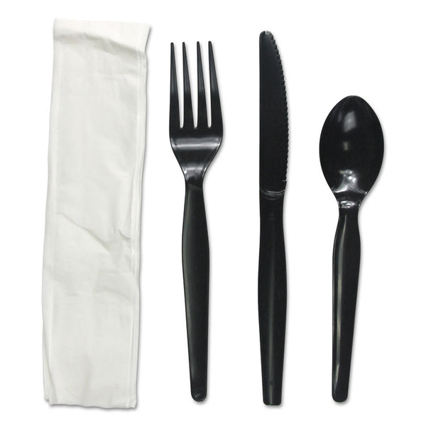 Boardwalk® Four-Piece Cutlery Kit, Fork/Knife/Napkin/Teaspoon, Heavyweight, Black, 250/Carton (BWKFKTNHWPSBLA)