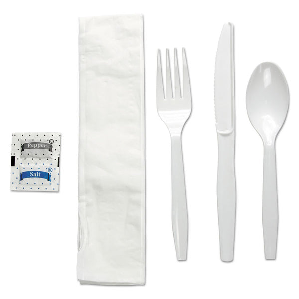 Boardwalk® Six-Piece Cutlery Kit, Condiment/Fork/Knife/Napkin/Teaspoon, White, 250/Carton (BWKFKTNSMWPSWH)